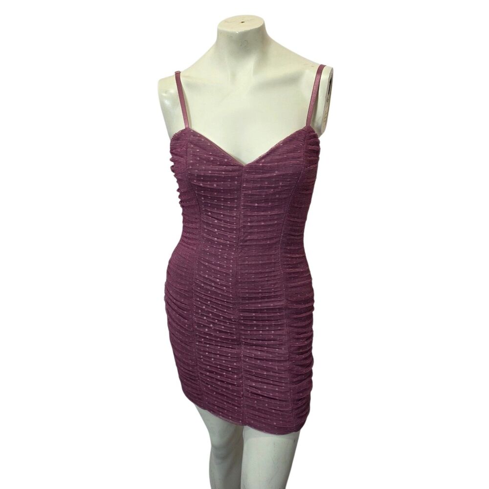 Haute Monde Ruched Mesh Bodycon Dress Mauve Pink Polka Dot Size M Party